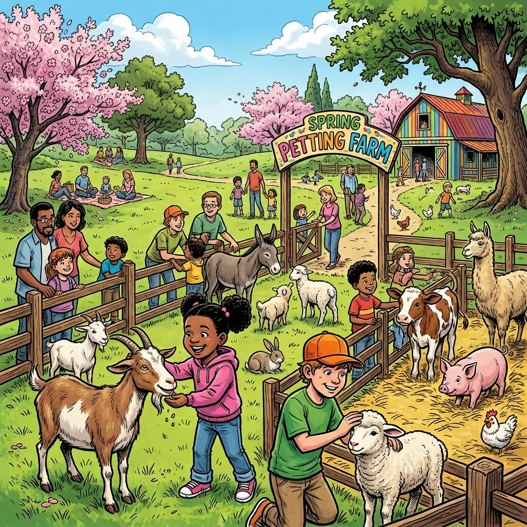 Children petting goats, sheep, cows, rabbits, and other animals at a spring petting farm outdoors.
